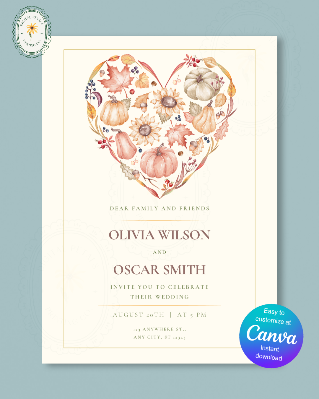 Terracotta & Rust Autumn Heart Wedding Invitation | Printable Floral Invite | Digital Download