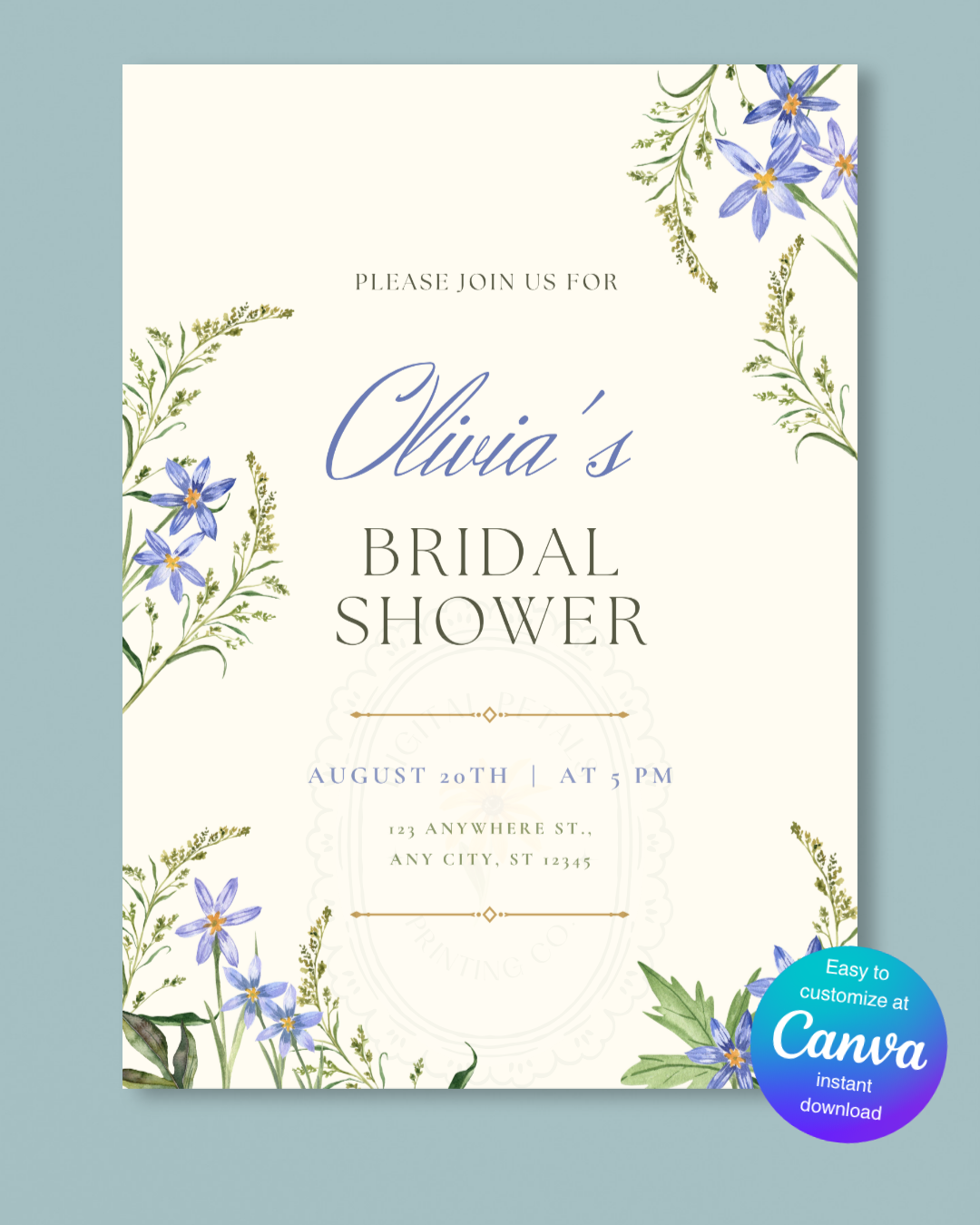 Dusty Blue Floral Border Bridal Shower Invitation Template | Editable Digital Download