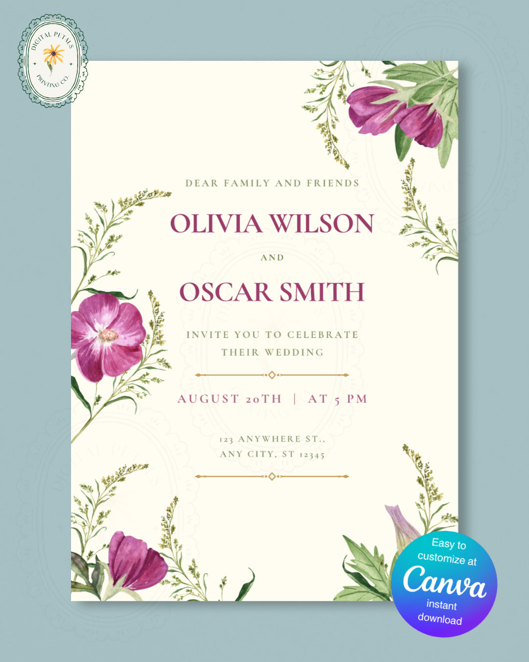 Lavender & Lilac Wildflower Wedding Invitation | Minimalist Printable Invite | Digital Download