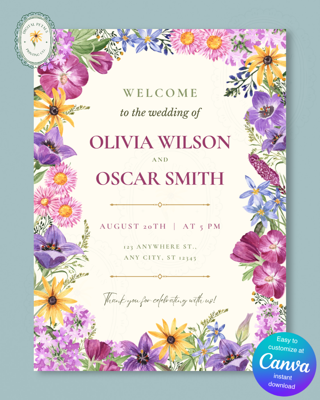 Boho Colorful Wildflower Wedding Welcome Sign | Editable Canva Template | Digital Download