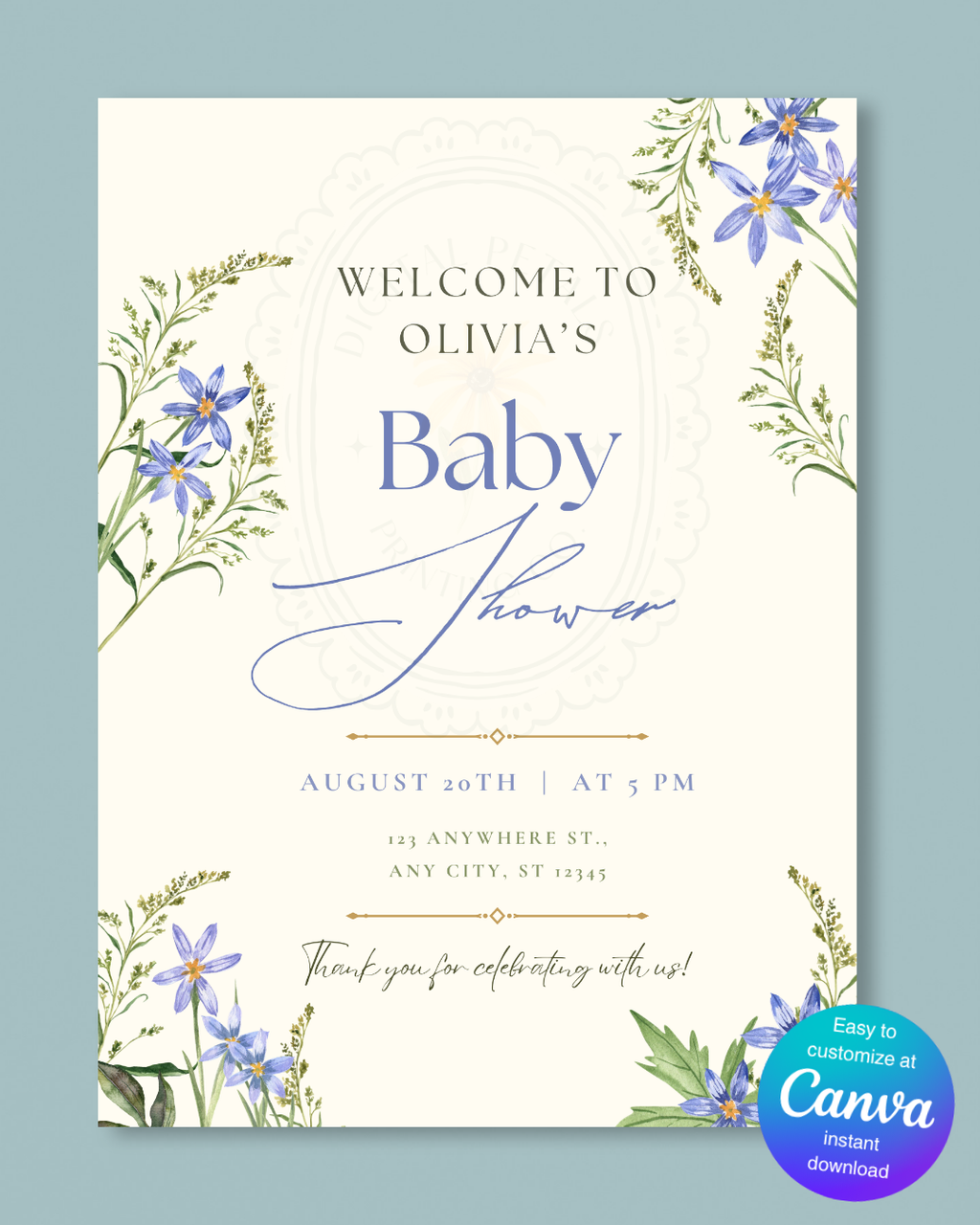 Powder Blue Wildflower Baby Shower Welcome Sign | Editable Canva Template | Digital Download