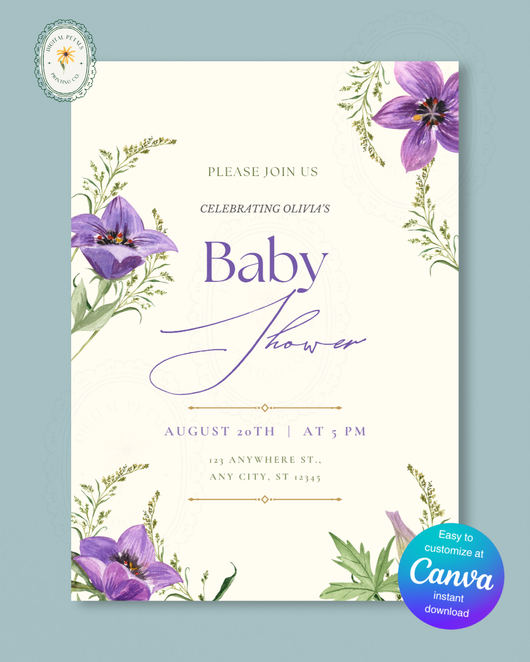 Violet & Periwinkle Wildflower Baby Shower Invitation | Minimalist Printable Invite | Digital Download