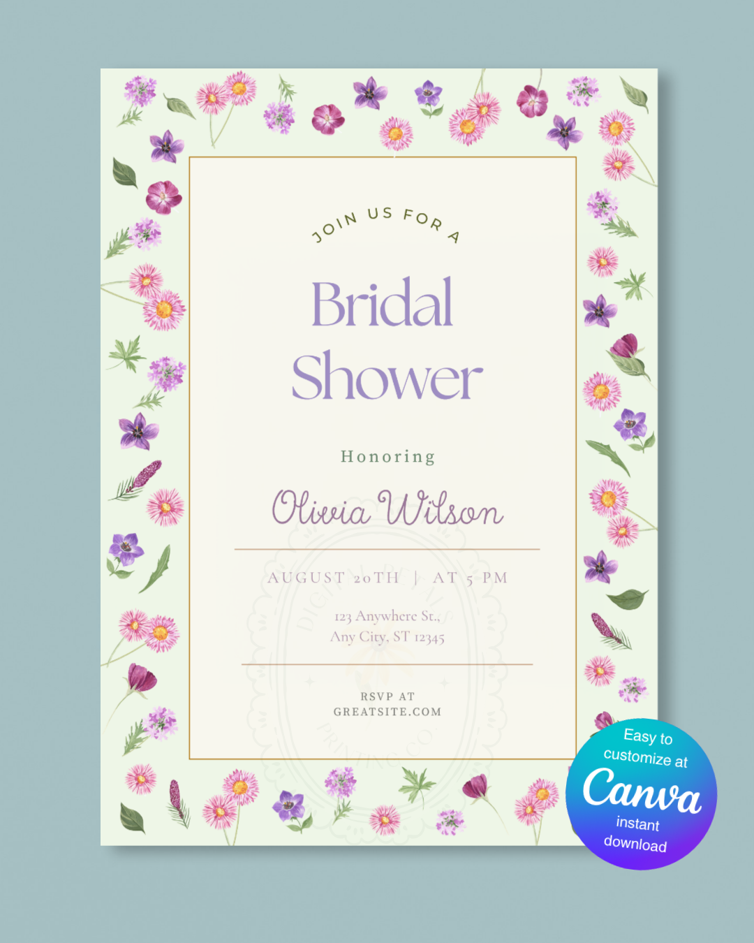 Spring Garden Wildflowers Bridal Shower Invitation Template | Editable Canva Digital Download