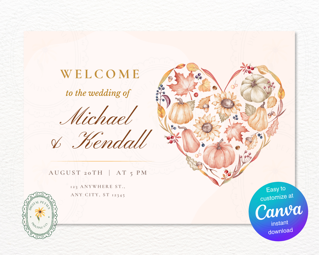 Autumn Wedding Welcome Sign | Rustic Heart Floral Border | Editable Canva Digital Download | Print at Home
