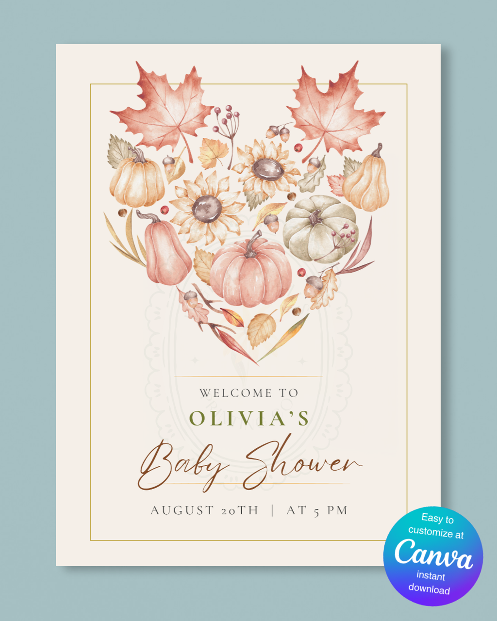Burgundy Fall Leaves Watercolor Baby Shower Welcome Sign Template | Editable Digital Download