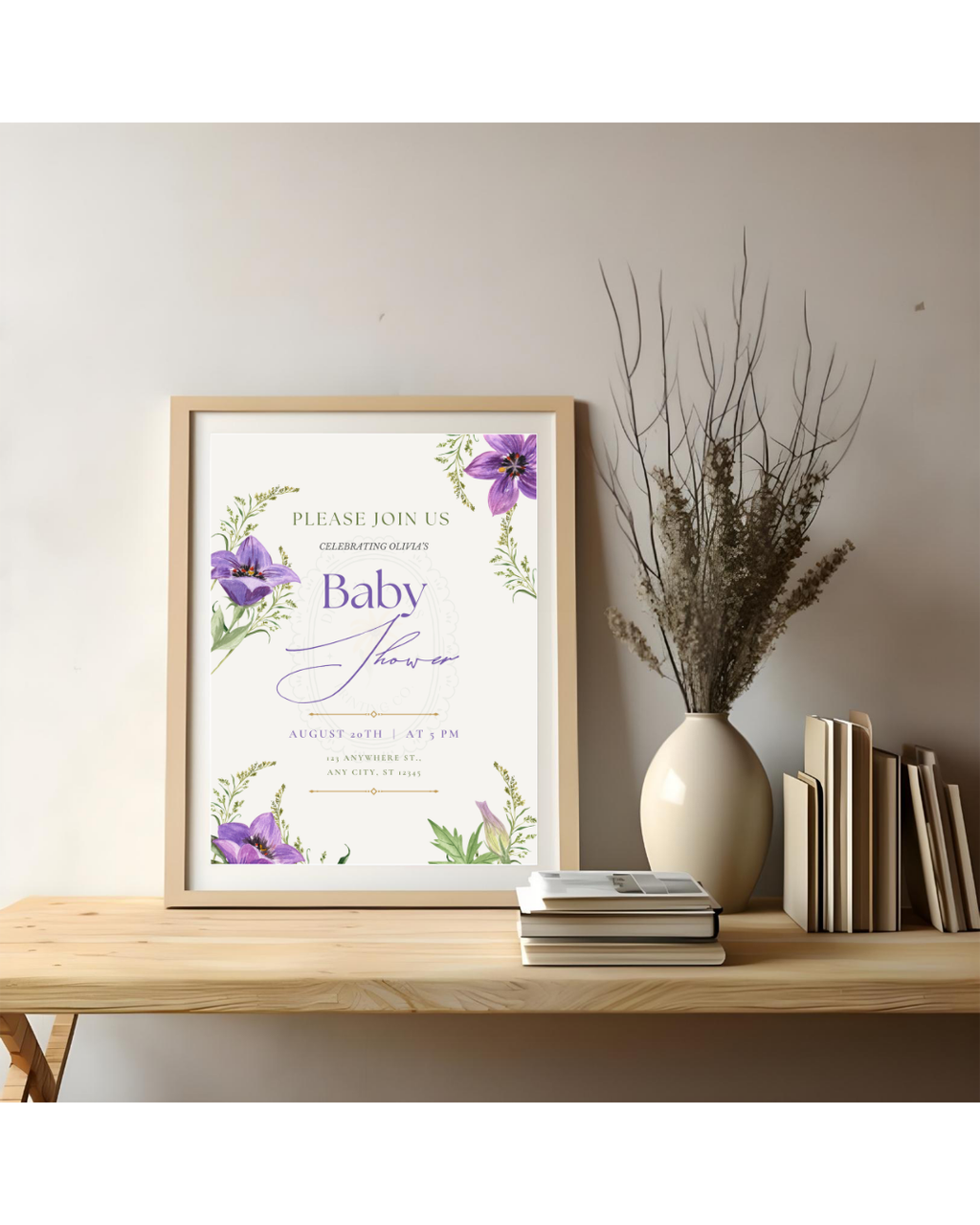 Violet Wildflower Baby Shower Invitation | Minimalist Printable Invite | Digital Download
