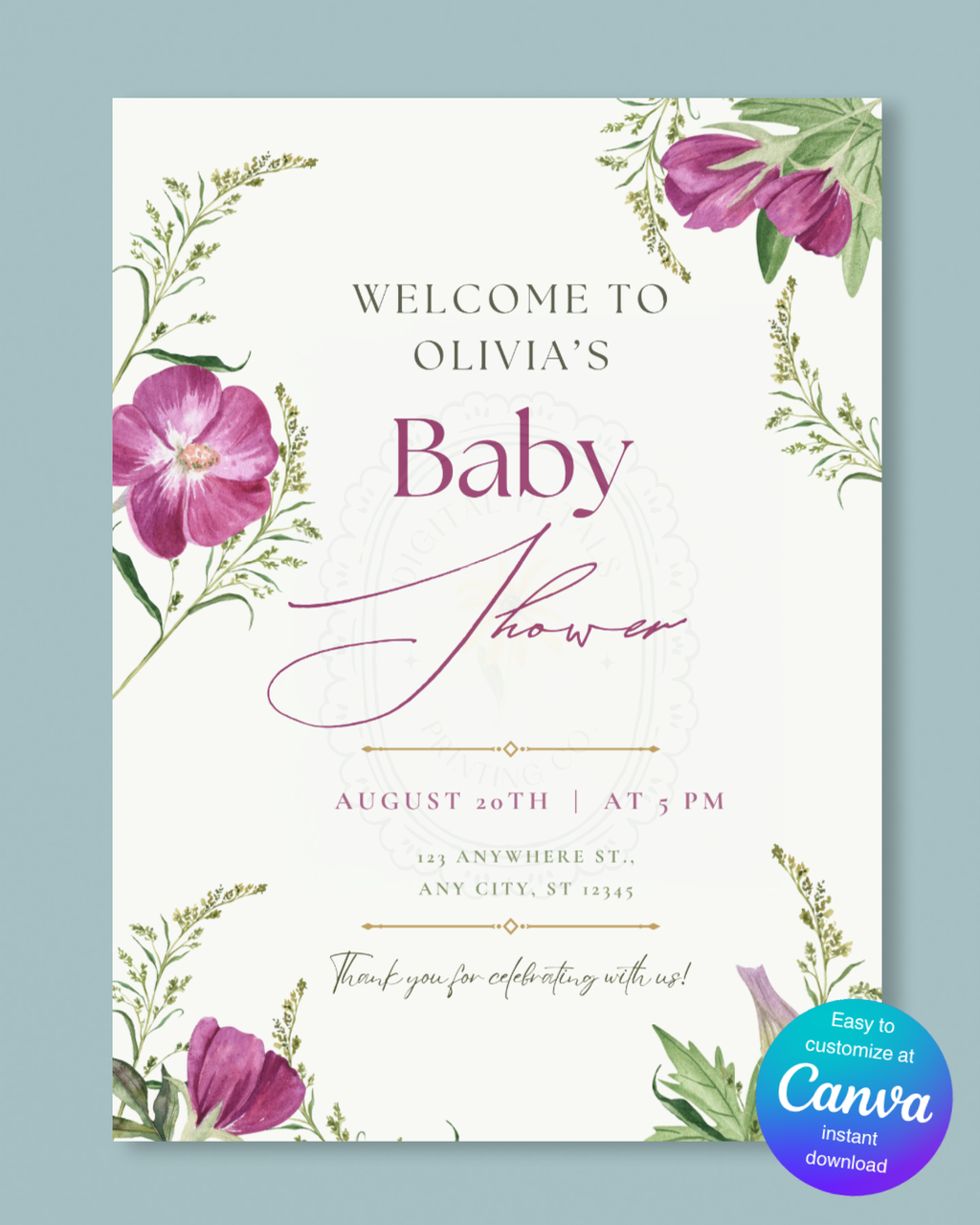 Purple Wildflower Baby Shower Welcome Sign | Editable Canva Template | Digital Download