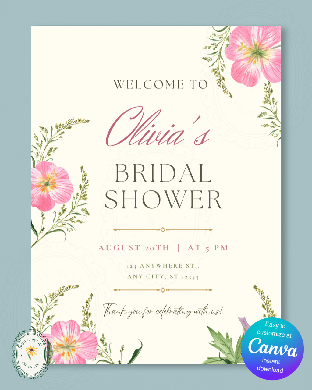 Dusty Rose & Blush Pink Wildflower Bridal Shower Welcome Sign | Editable Canva Template | Digital Download