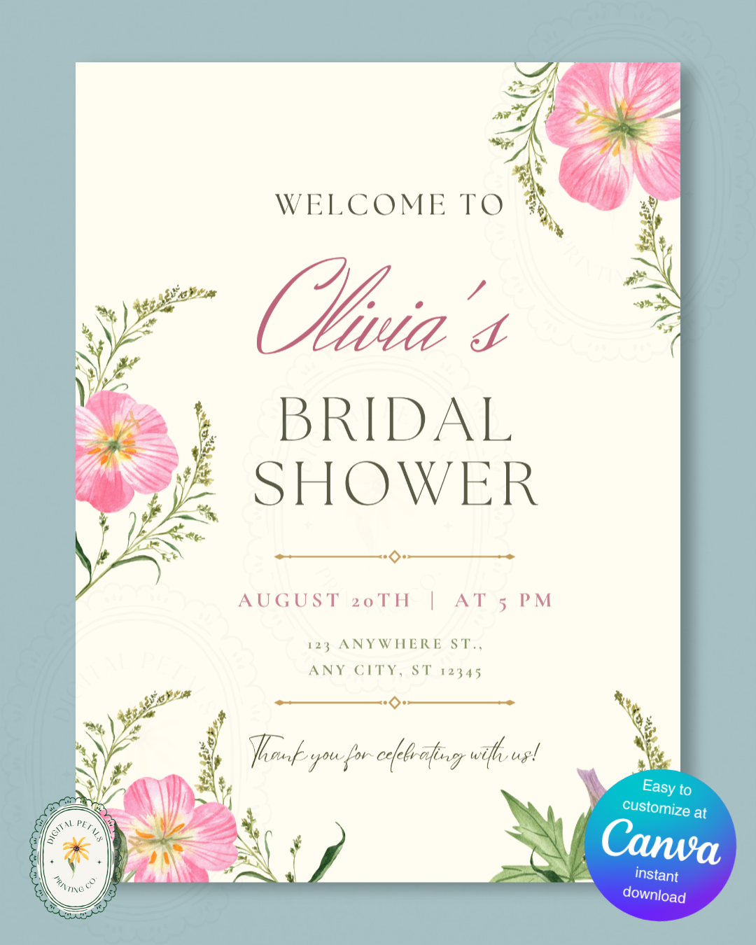 Dusty Rose & Blush Pink Wildflower Bridal Shower Welcome Sign | Editable Canva Template | Digital Download