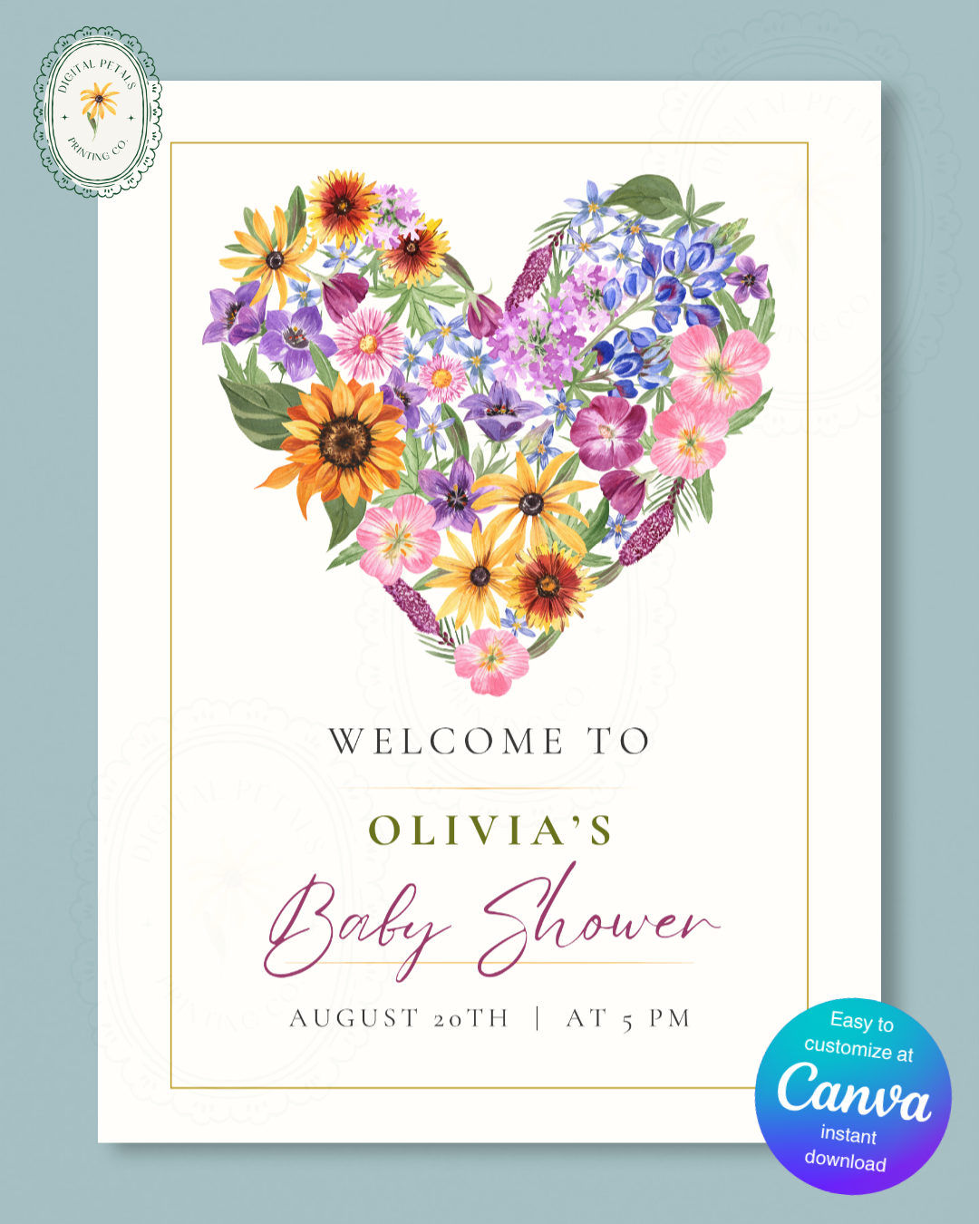 Boho Wildflower Heart Baby Shower Welcome Sign | Editable Canva Template | Instant Digital Download