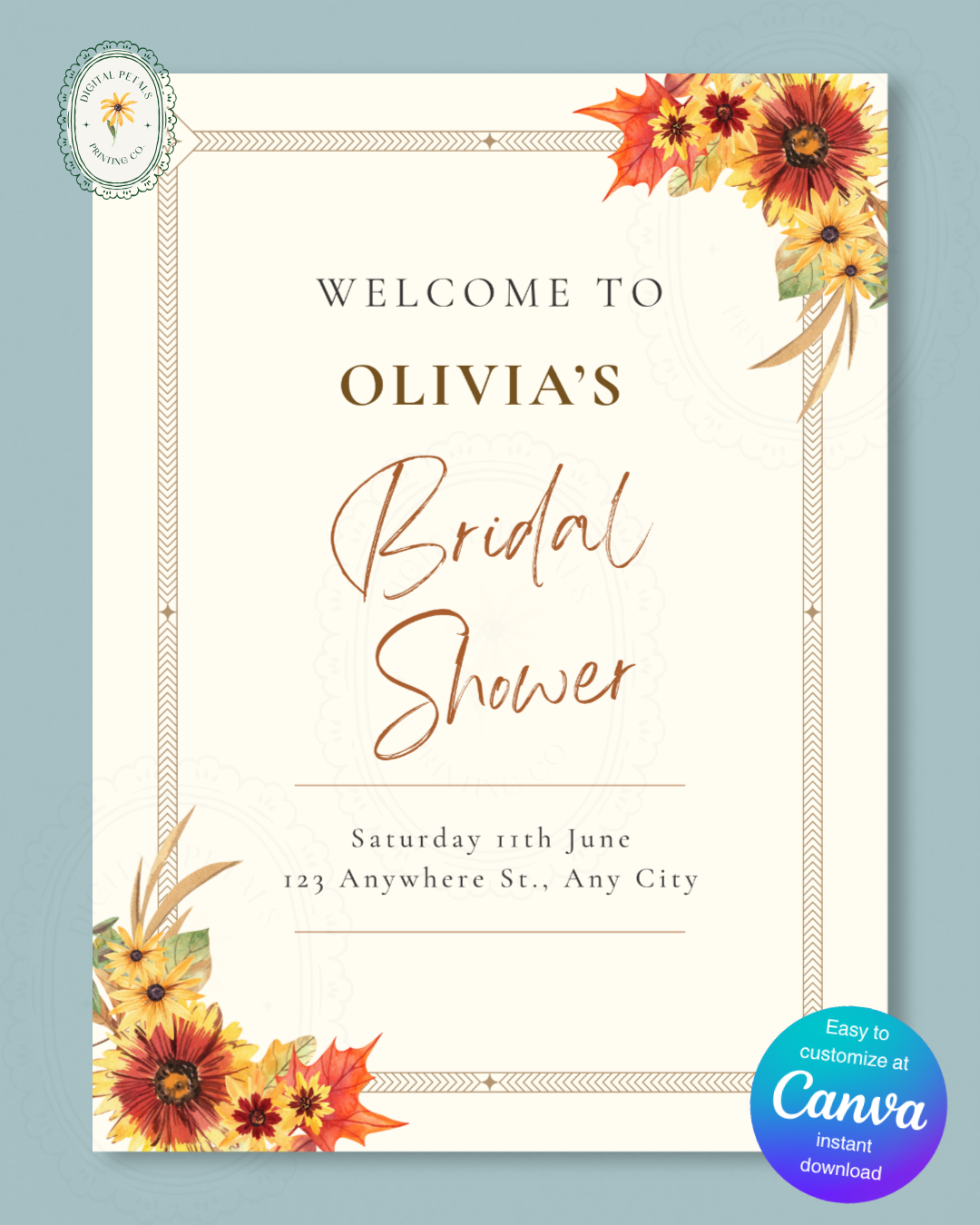 Rustic Fall Wildflowers Bridal Shower Welcome Sign Template | Hand Painted Cottagecore Digital Download