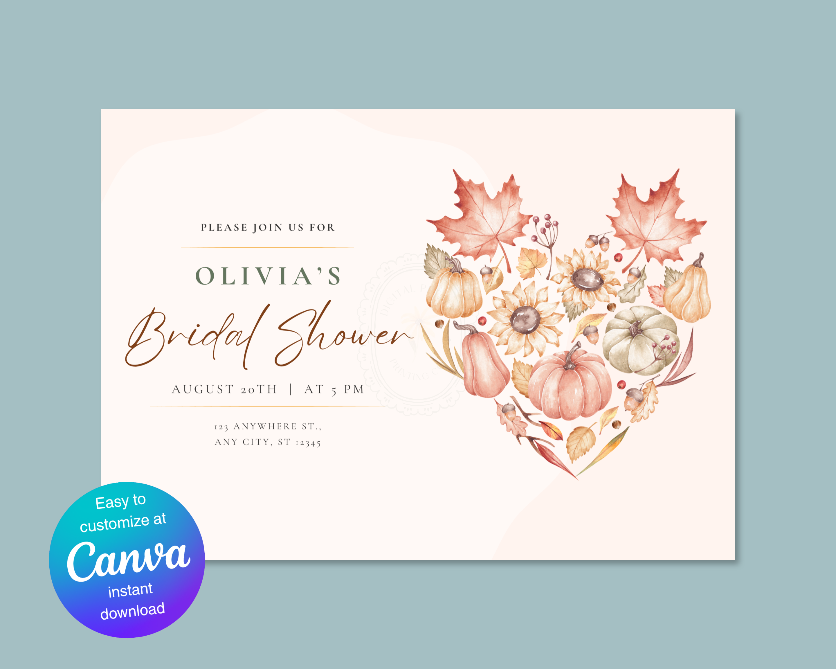 Autumn Maple Leaves Fall Bridal Shower Invitation | Printable Landscape Template | Digital Download