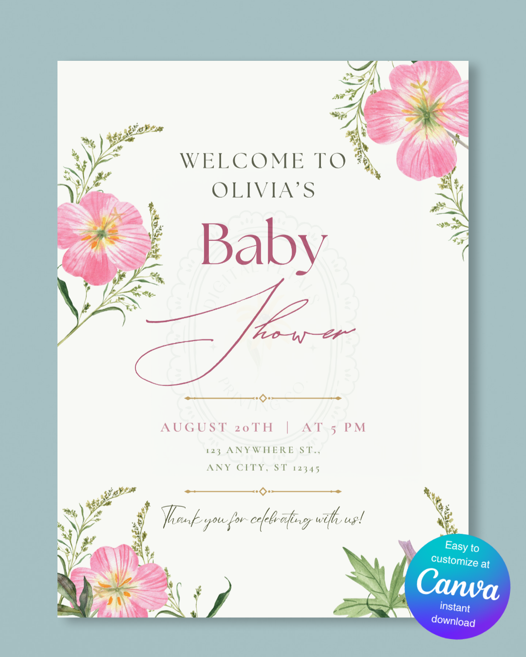 Pink Wildflower Baby Shower Welcome Sign | Editable Canva Template | Digital Download