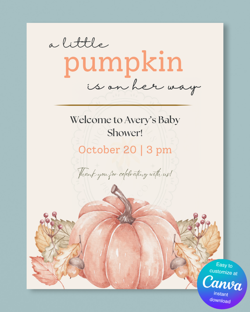 Terracotta & Rust Fall Pumpkin Baby Shower Welcome Sign | Editable Canva Template | Digital Download