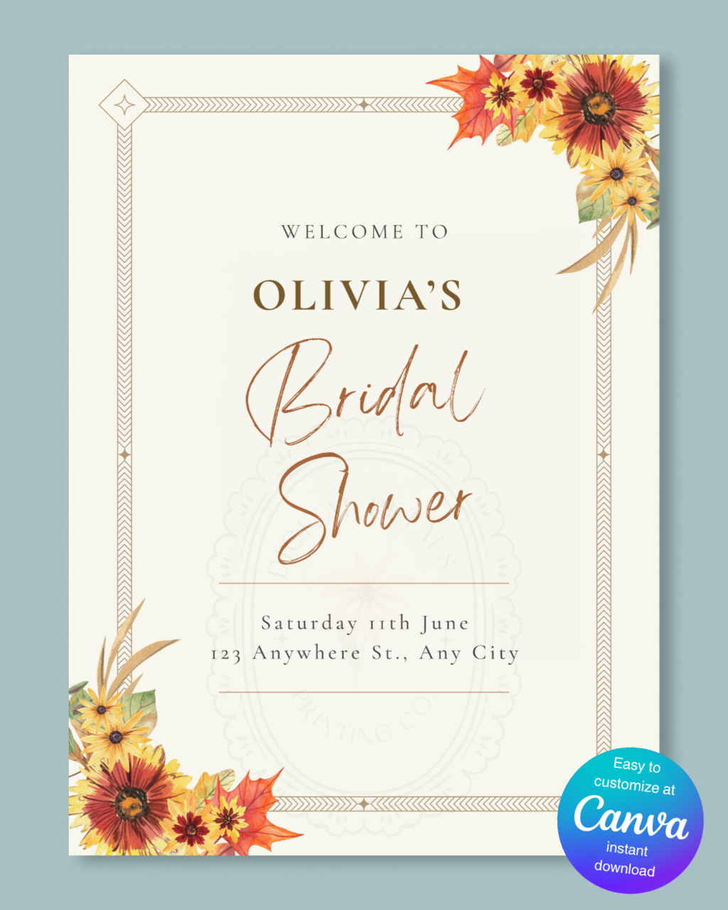 Rustic Fall Wildflowers Bridal Shower Welcome Sign Template | Hand Painted Cottagecore Digital Download