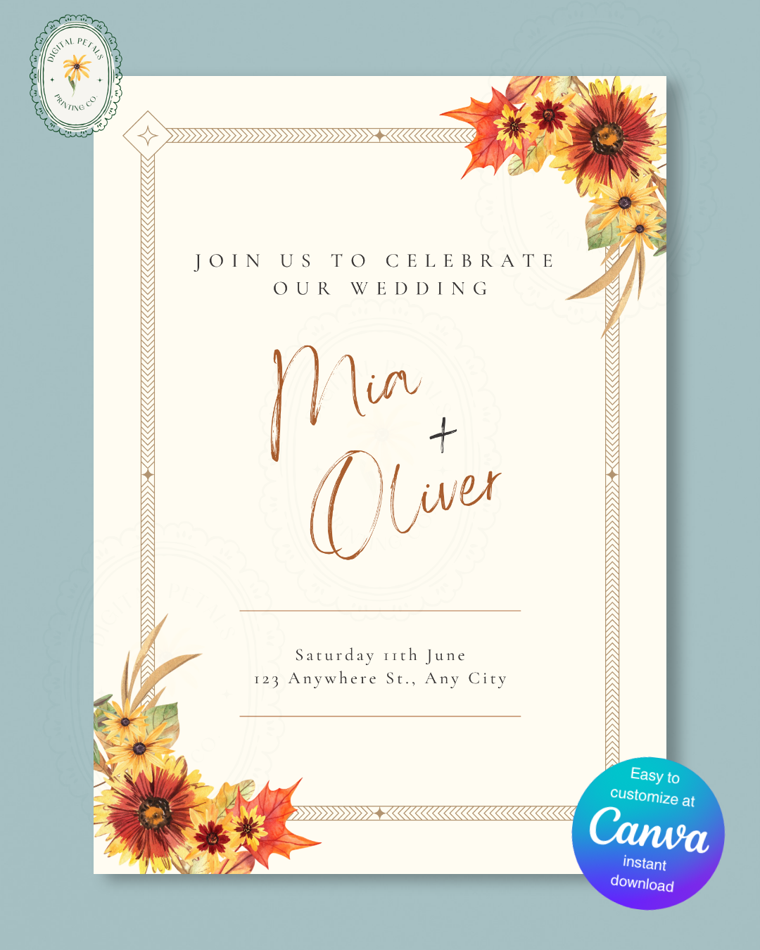 Rustic Fall Wildflowers Wedding Invitation Template | Hand Painted Cottagecore Digital Download
