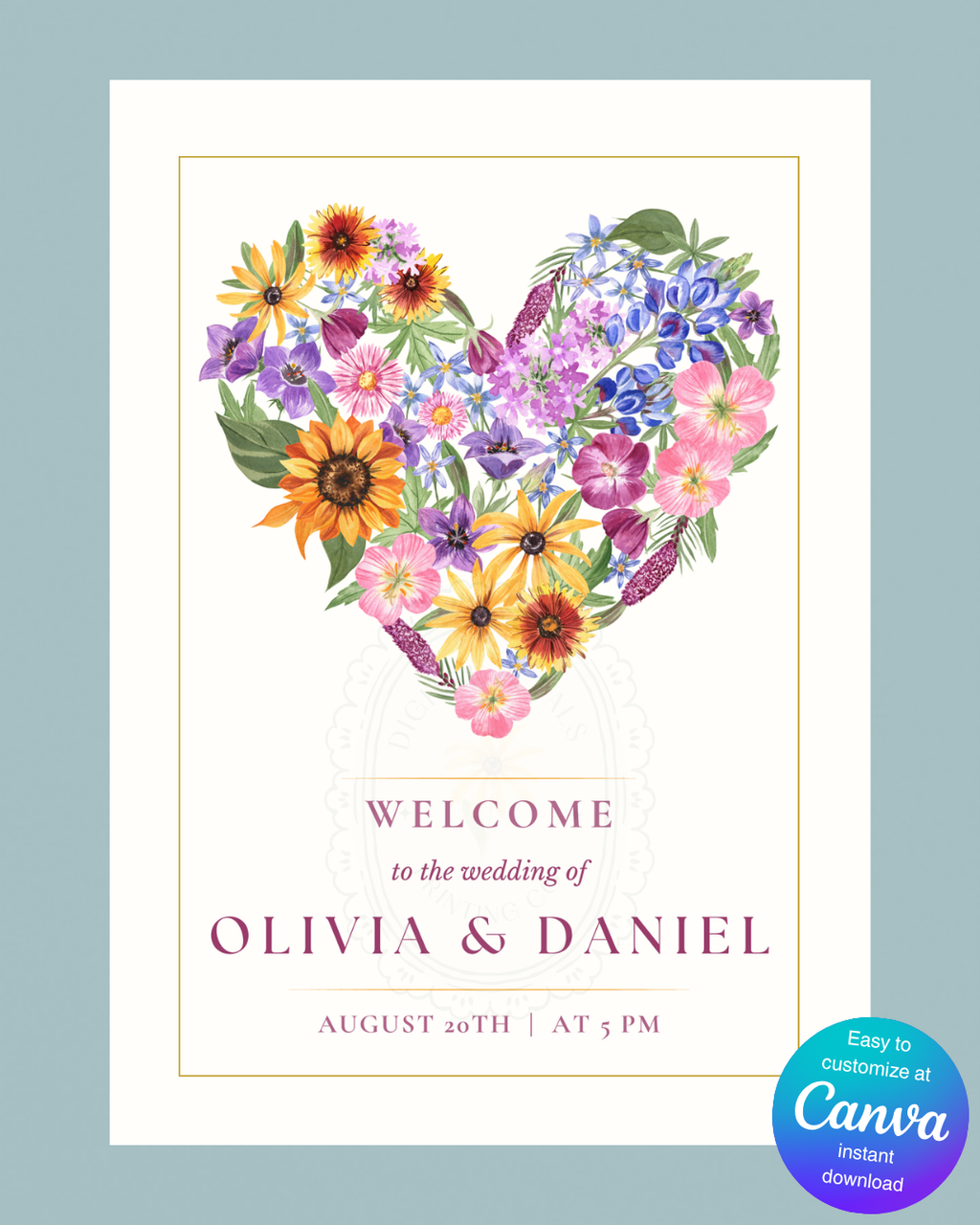 Wildflower Heart Wedding Welcome Sign | Editable Canva Template | Instant Digital Download