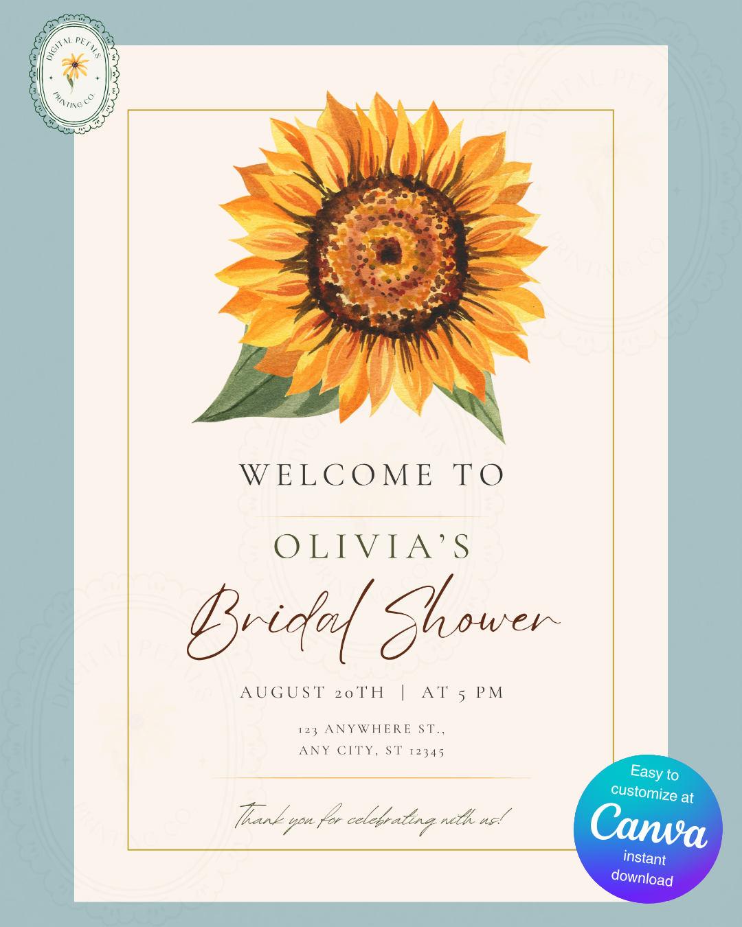 Terracotta & Rust Sunflower Bridal Shower Welcome Sign | Editable Canva Template | Digital Download