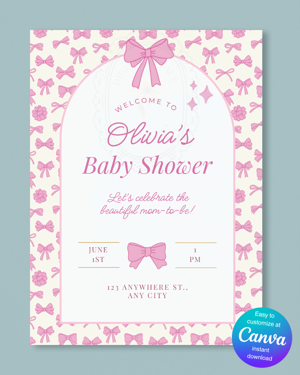 Baby Girl Shower Welcome Sign Template | Pink Ribbons & Bows | Canva Editable