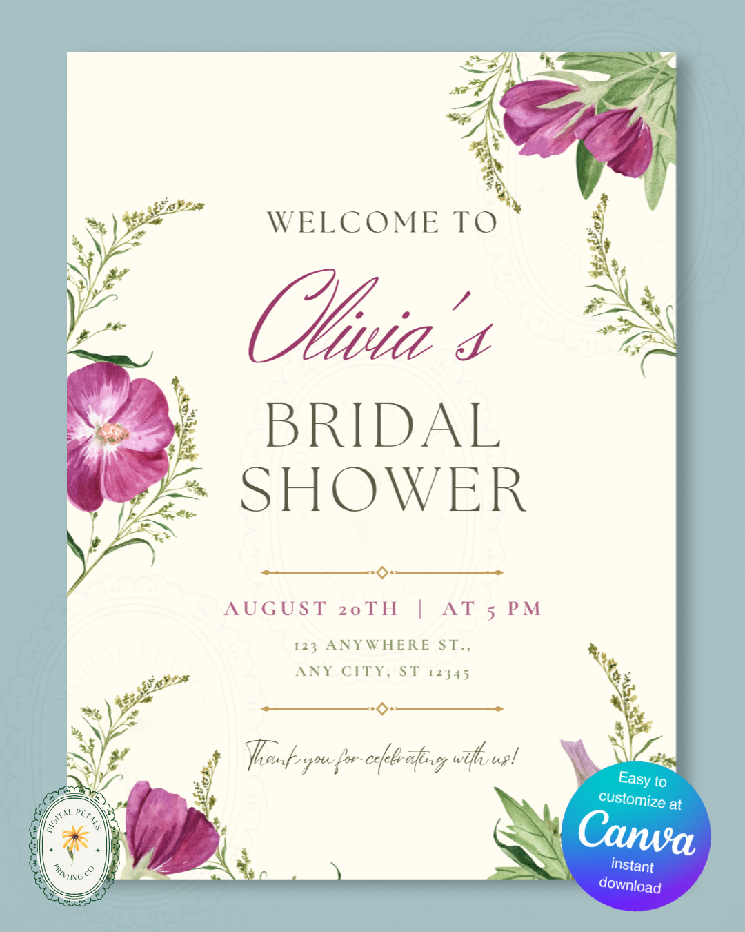 Lavender & Lilac Wildflower Bridal Shower Welcome Sign | Editable Canva Template | Digital Download