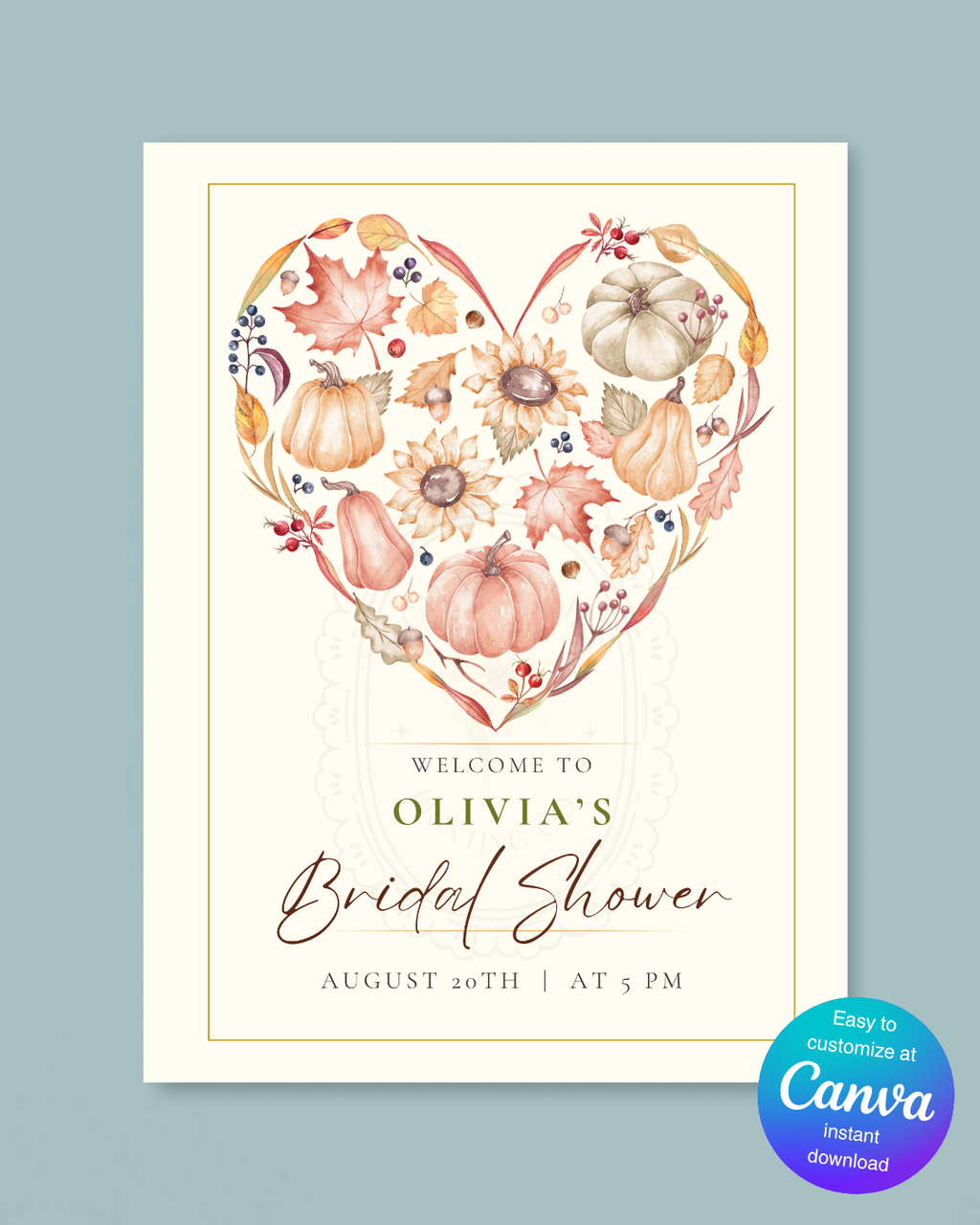 Autumn Heart Bridal Shower Welcome Sign | Editable Canva Template | Digital Download
