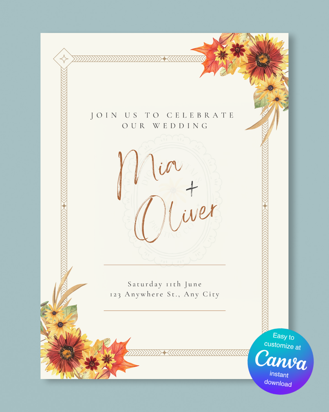 Rustic Fall Wildflowers Wedding Invitation Template | Hand Painted Cottagecore Digital Download