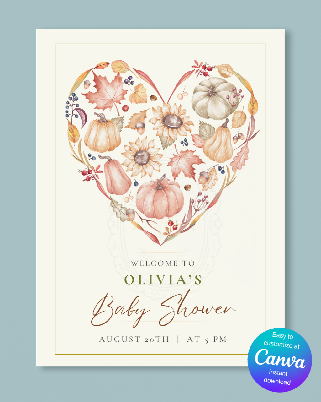 Autumn Heart Baby Shower Welcome Sign | Editable Canva Template | Digital Download