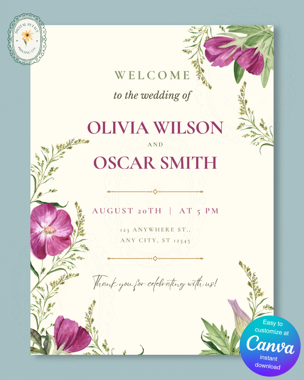 Lavender & Lilac Wildflower Wedding Welcome Sign | Editable Canva Template | Digital Download