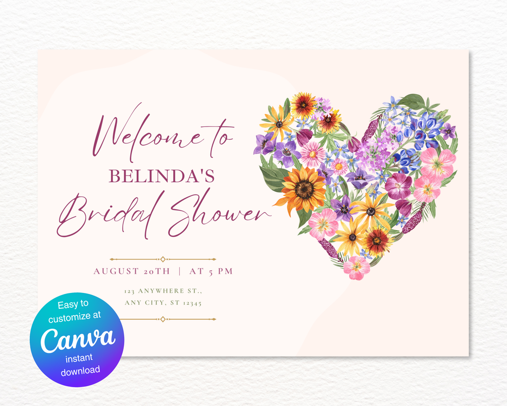 Wildflower Baby Shower Welcome Sign | Boho Floral Heart Border | Editable Canva Digital Download | Print at Home