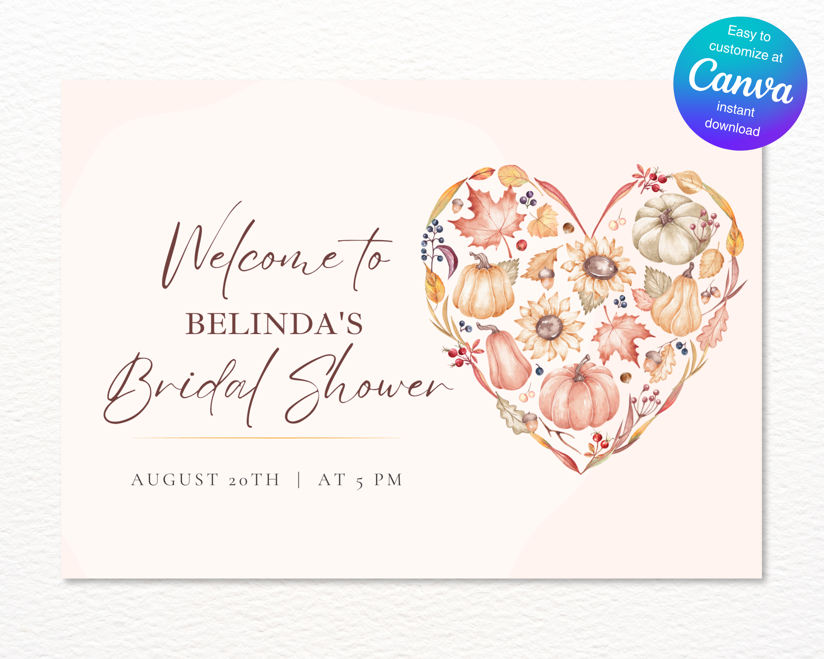 Autumn Bridal Shower Welcome Sign | Rustic Heart Floral Border | Editable Canva Digital Download | Print at Home