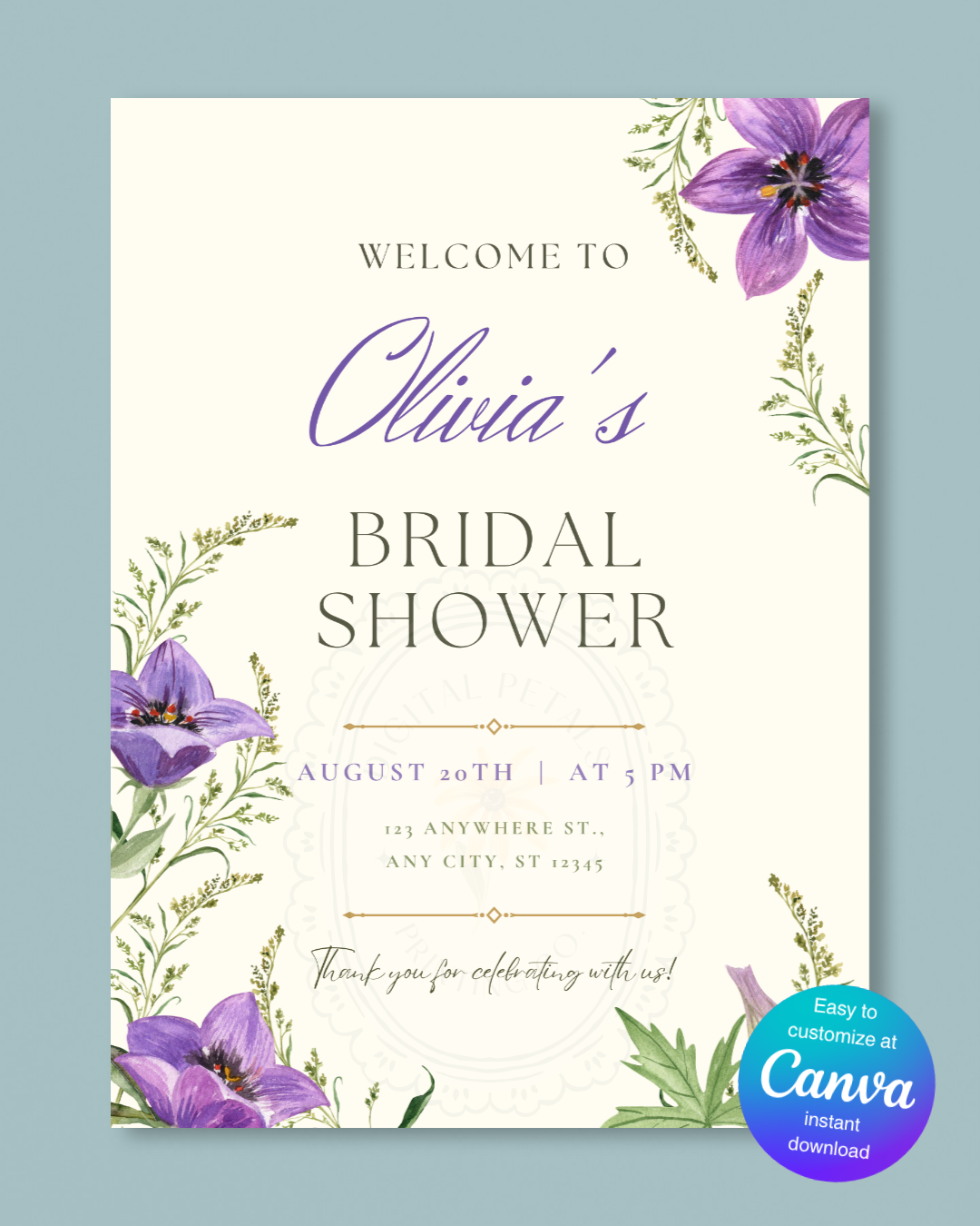 Violet & Periwinkle Wildflower Bridal Shower Welcome Sign | Editable Canva Template | Digital Download