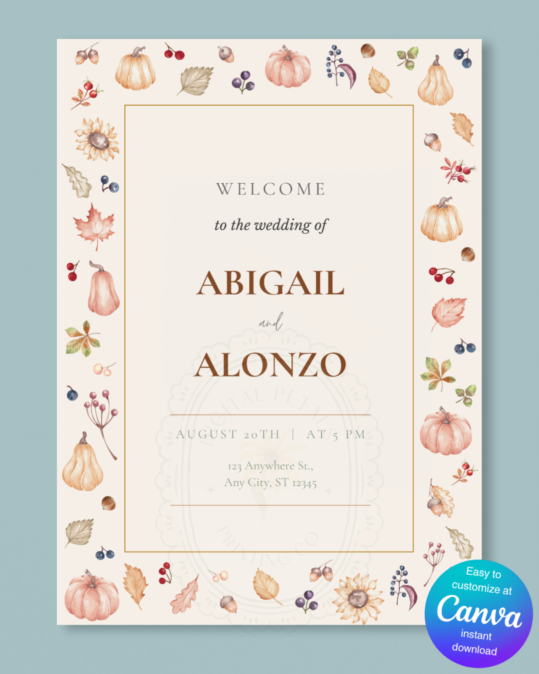 Autumn Harvest Wildflowers Wedding Welcome Sign Template | Editable Canva Digital Download