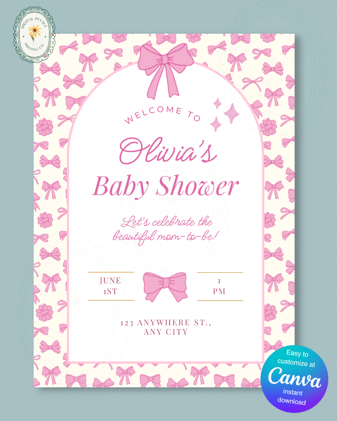 Baby Girl Shower Welcome Sign Template | Pink Ribbons & Bows | Canva Editable