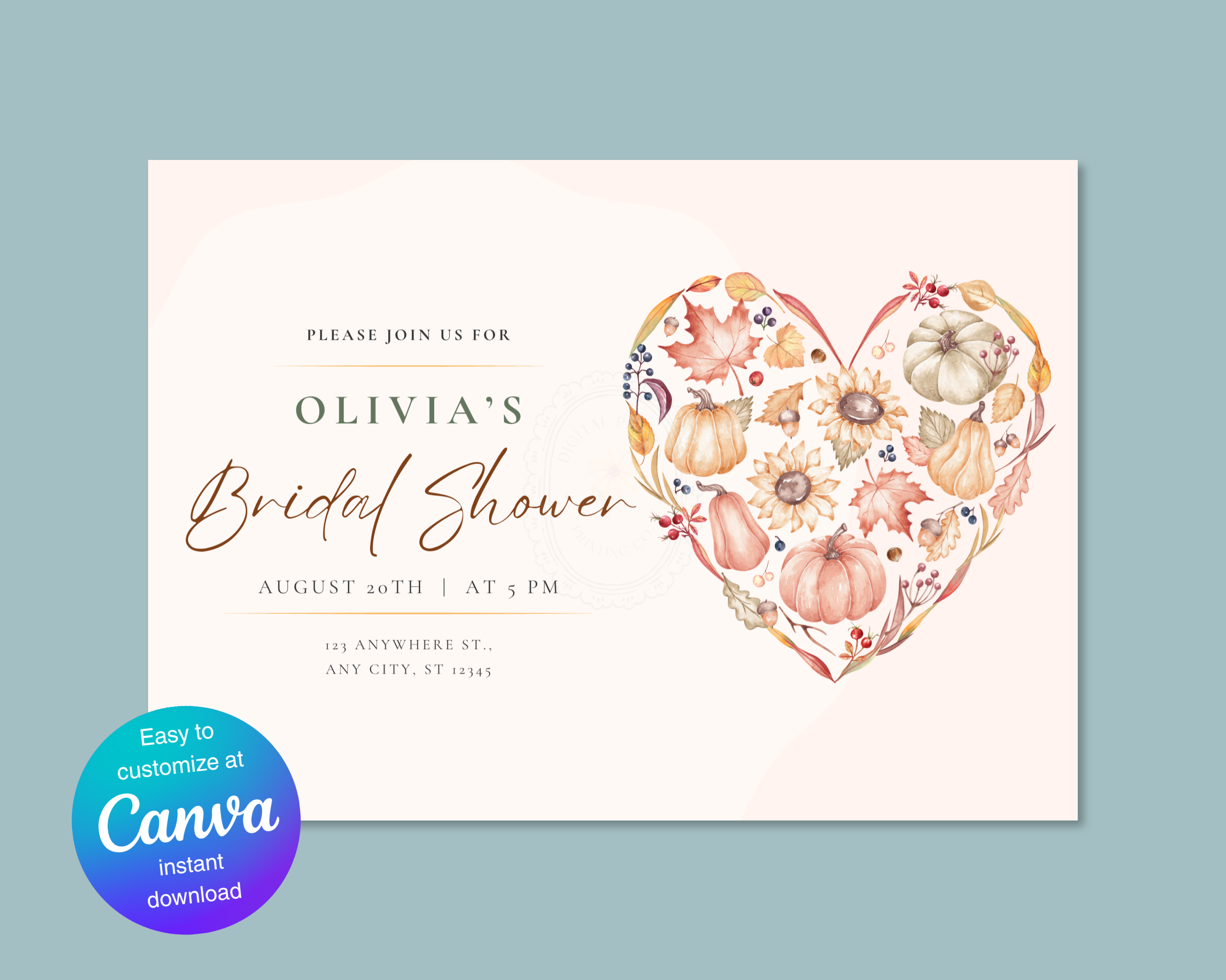 Pumpkin Sunflower Fall Bridal Shower Invitation | Printable Landscape Template | Digital Download
