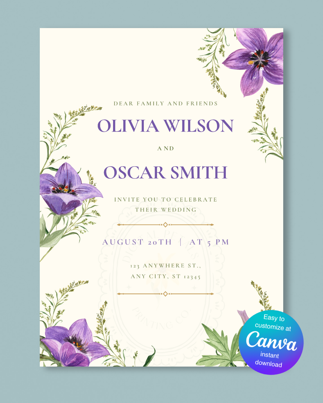 Violet & Periwinkle Wildflower Wedding Invitation | Minimalist Printable Invite | Digital Download