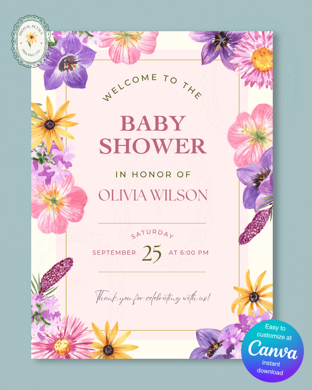 Pink Cottagecore Baby Shower Welcome Sign | Editable Canva Template, Wildflower Floral