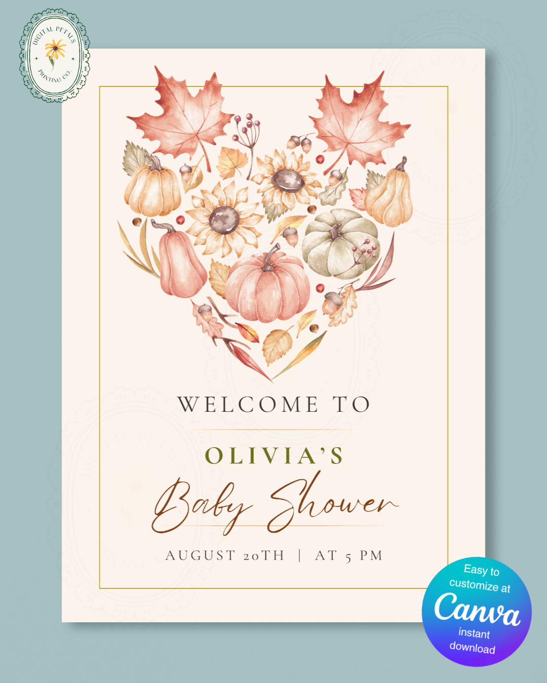 Burgundy Fall Leaves Watercolor Baby Shower Welcome Sign Template | Editable Digital Download