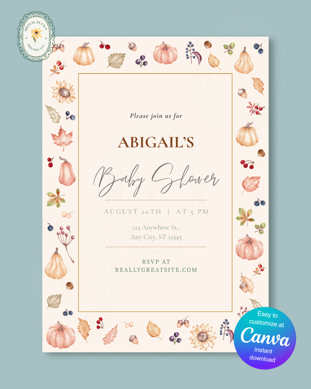 Autumn Harvest Wildflowers Baby Shower Invitation Template | Editable Canva Digital Download