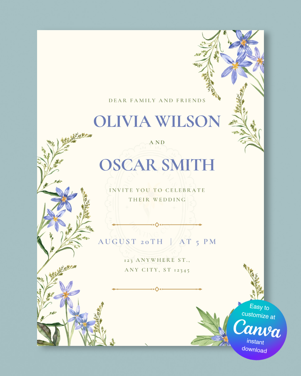 Powder Blue Wildflower Wedding Invitation | Minimalist Printable Invite | Digital Download