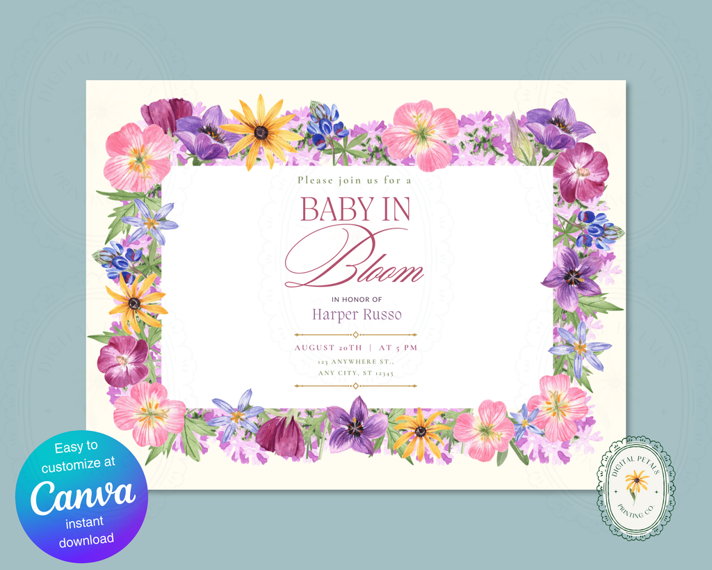 Baby in Bloom Baby Shower Wildflower Invitation | Floral Landscape Digital Download | Canva Editable