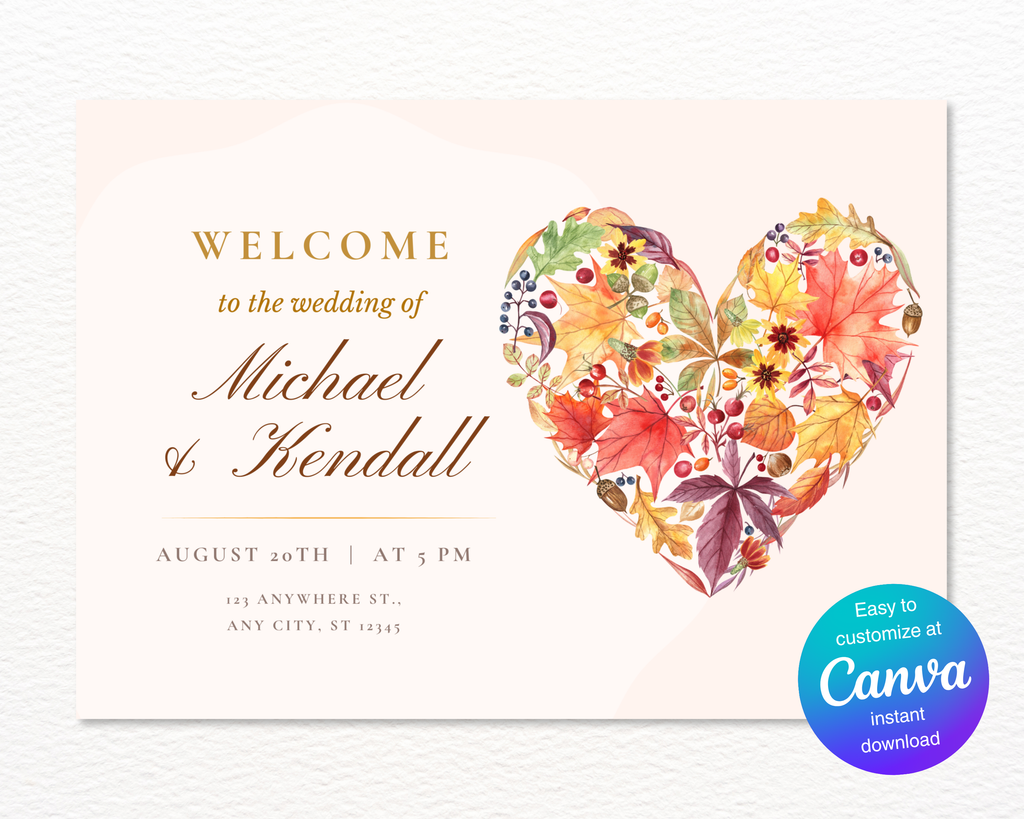 Fall Wildflower Wedding Welcome Sign | Boho Heart Border | Editable Canva Digital Download | Print at Home