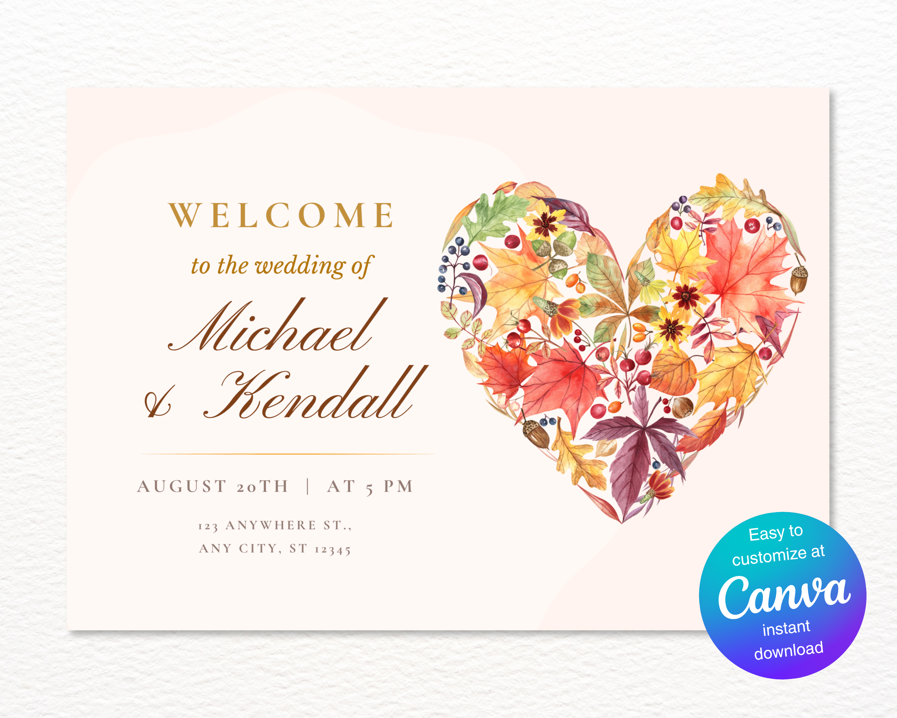 Fall Wildflower Wedding Welcome Sign | Boho Heart Border | Editable Canva Digital Download | Print at Home