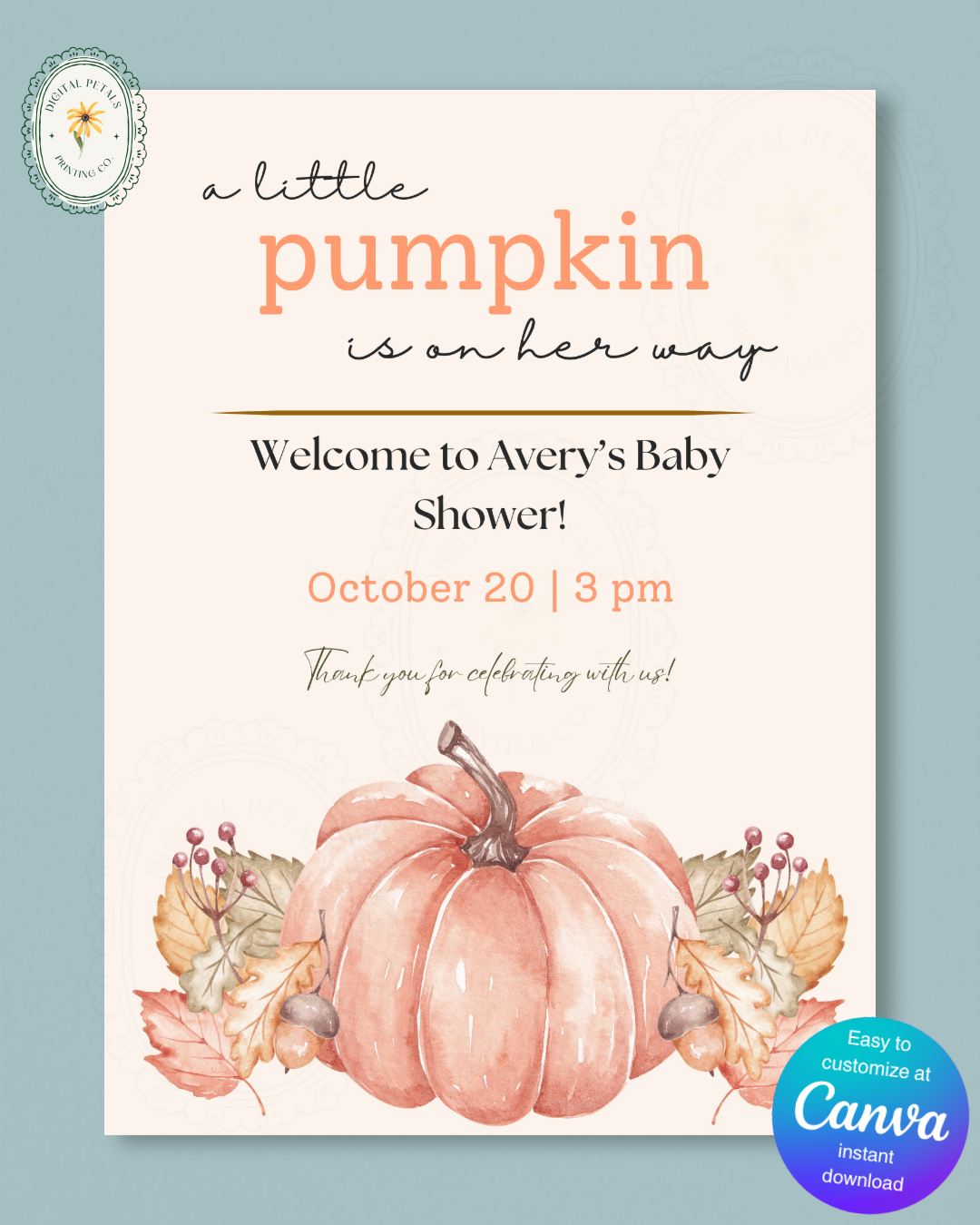 Terracotta & Rust Fall Pumpkin Baby Shower Welcome Sign | Editable Canva Template | Digital Download