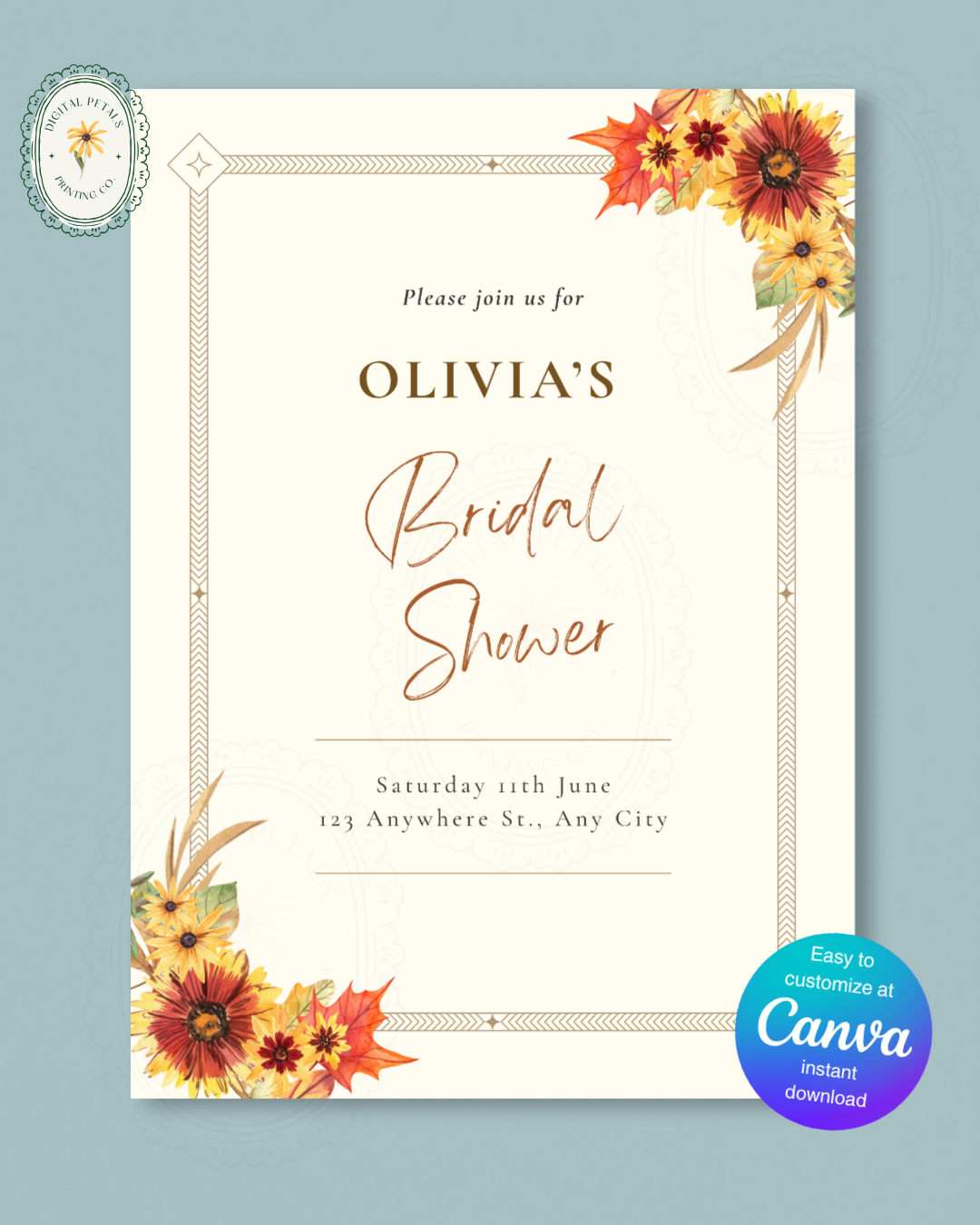 Rustic Fall Wildflowers Bridal Shower Invitation Template | Hand Painted Cottagecore Digital Download