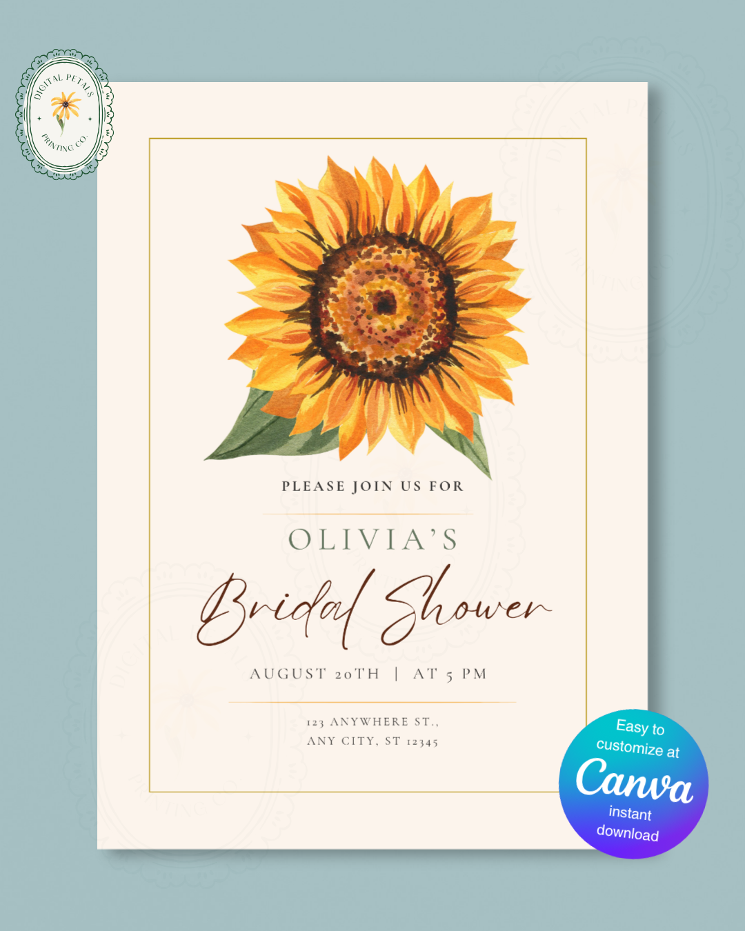 Terracotta & Rust Sunflower Bridal Shower Invitation — Editable Digital Download Template