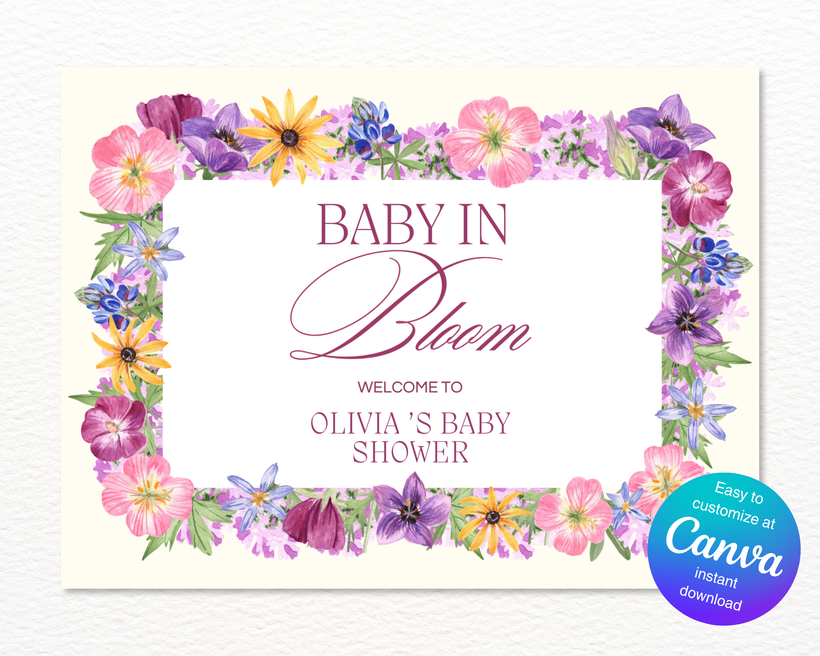 Baby Shower Garden Party Welcome Sign Wildflower Template | Editable Canva Digital Download