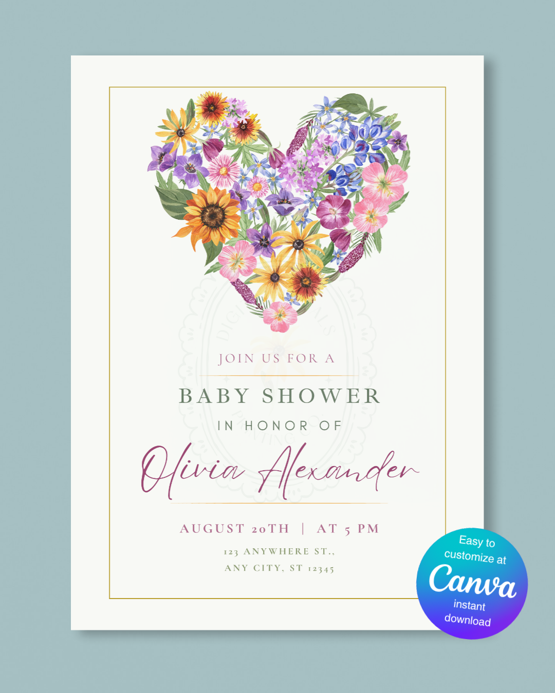 Boho Wildflower Heart Baby Shower Invitation — Editable Digital Download Template