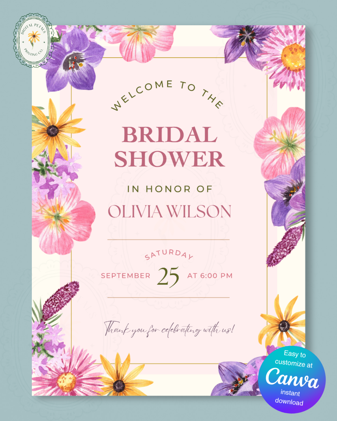 Wildflower Cottagecore Bridal Shower Welcome Sign | Editable Canva Template, Floral Botanical Spring