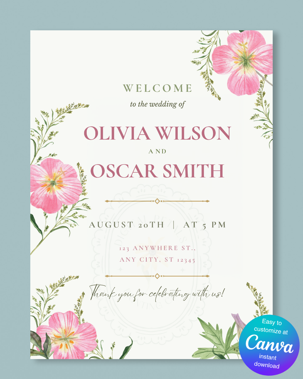 Pink Wildflower Wedding Welcome Sign | Editable Canva Template | Digital Download