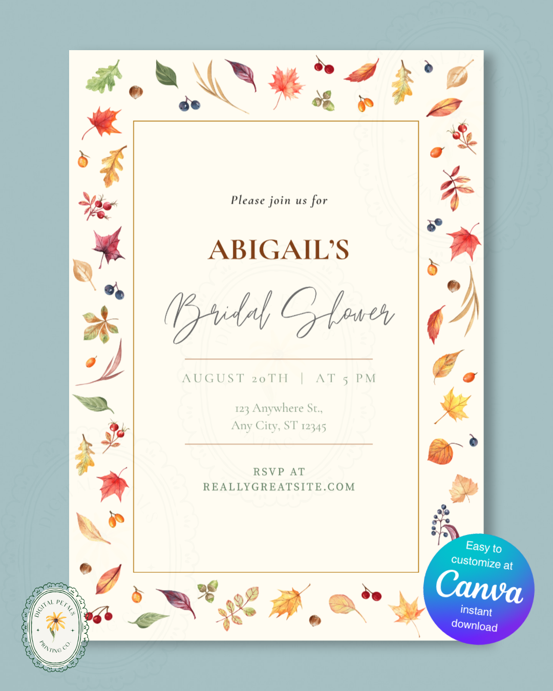Fall Leaves Bridal Shower Invitation Template | Terracotta & Cream | Digital Download